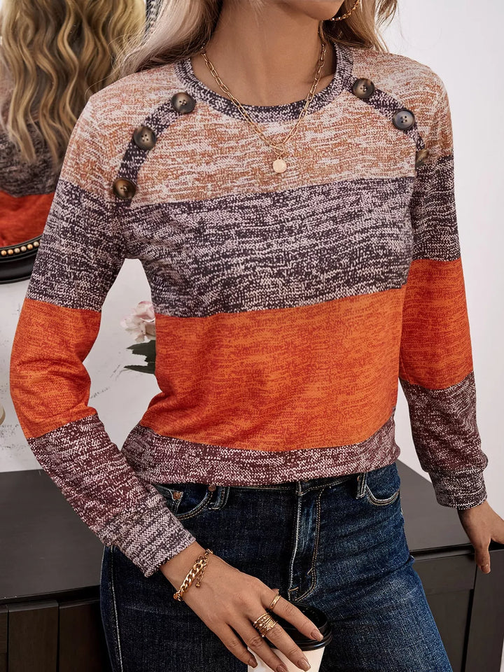 Color block long sleeve top with button shoulders
