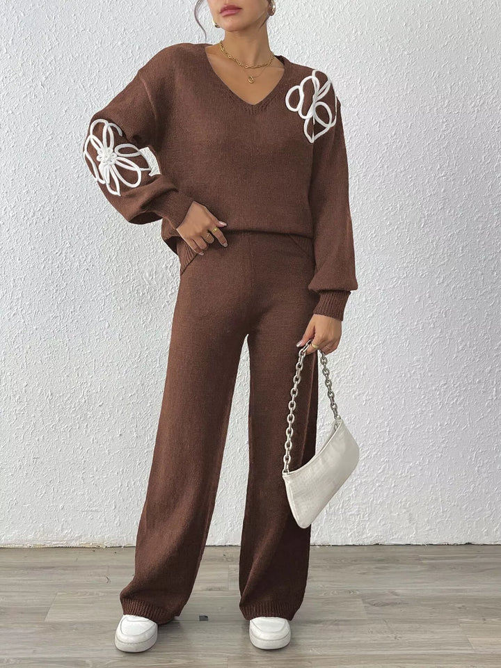 Brown Floral embroidered V-neck sweater set with wide-leg pants