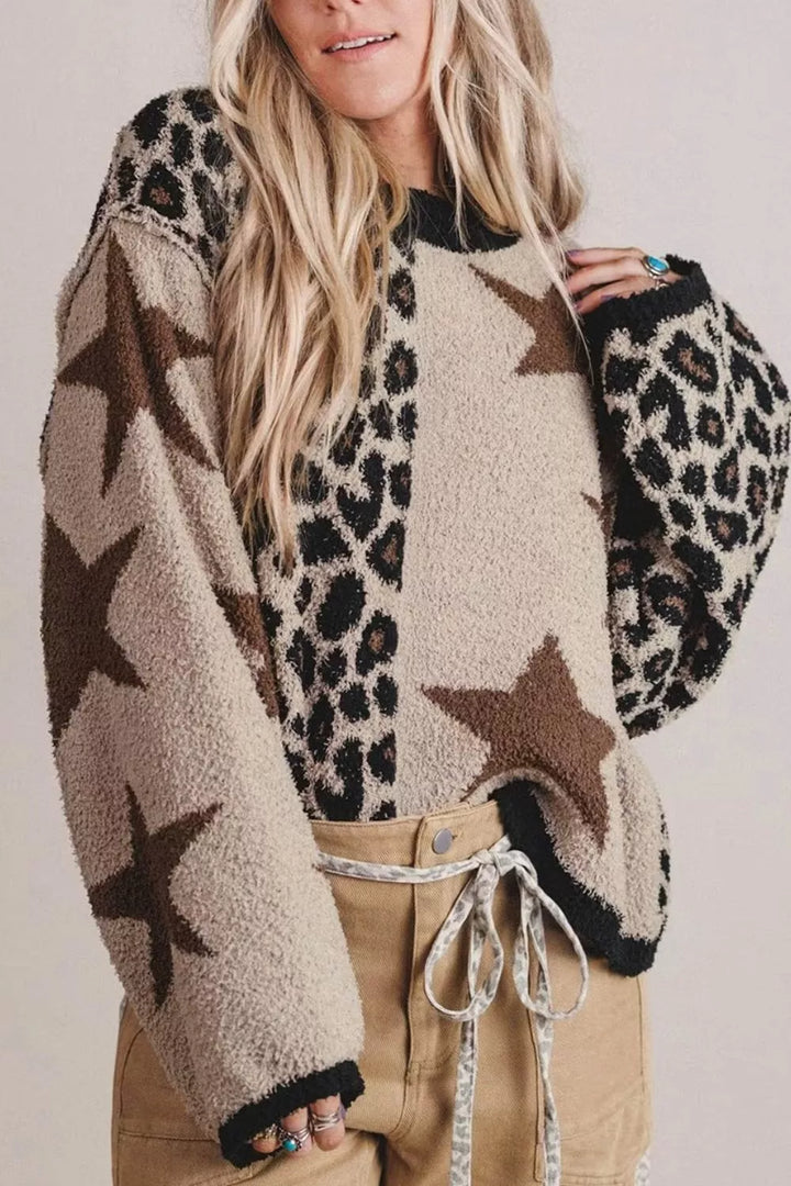 Leopard and star colorblock fuzzy knit pullover sweater