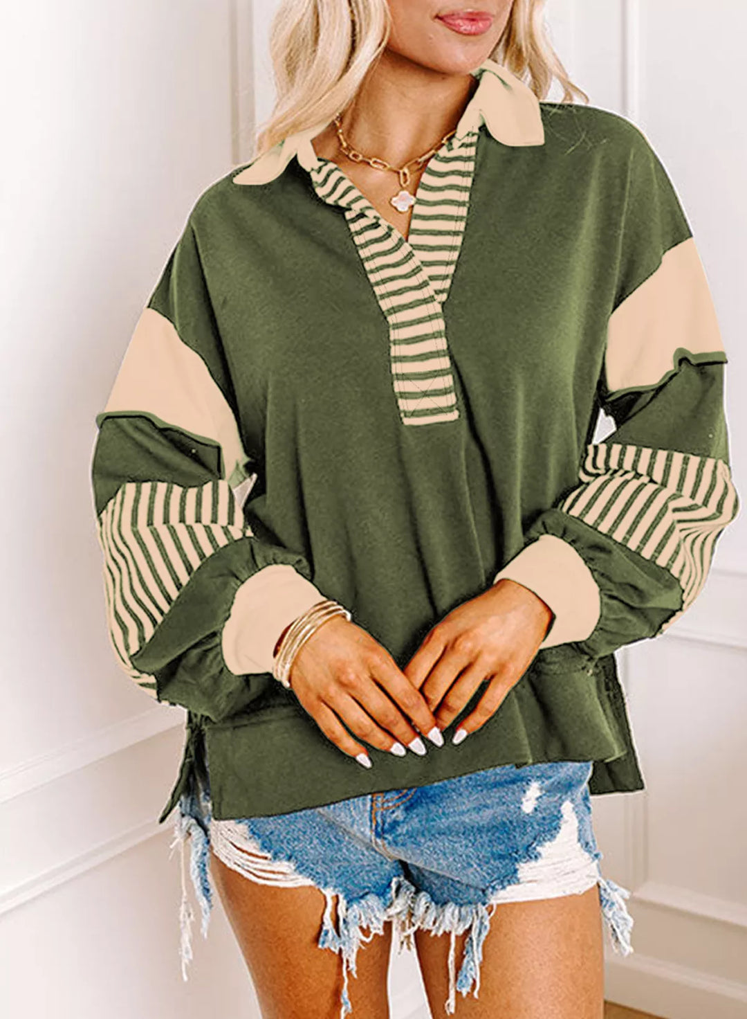 Color block striped Johnny collar sweatshirt with exposed seams