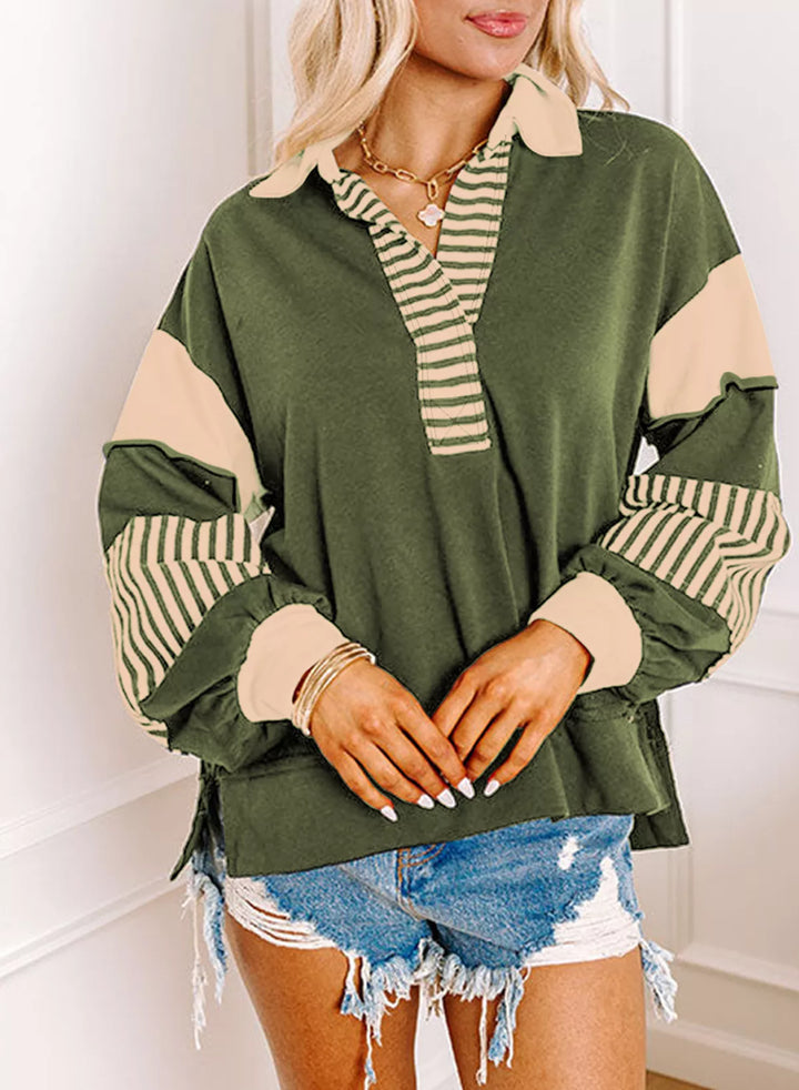 Color block striped Johnny collar sweatshirt with exposed seams