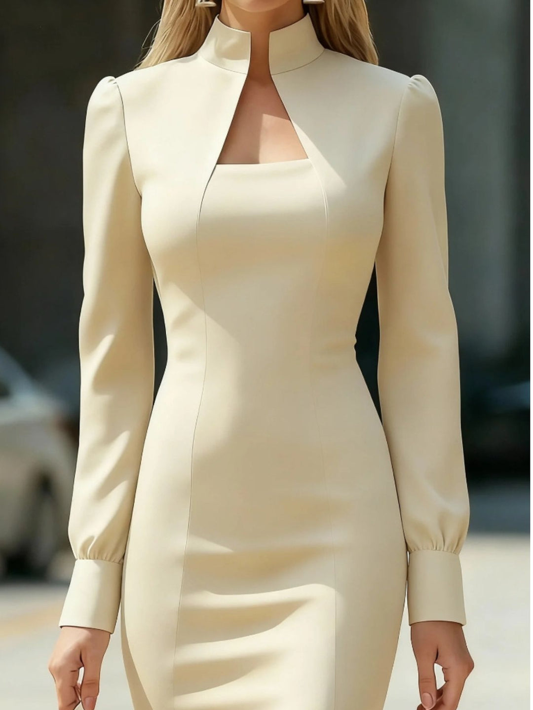 Beige Mock neck keyhole long sleeve bodycon midi dress