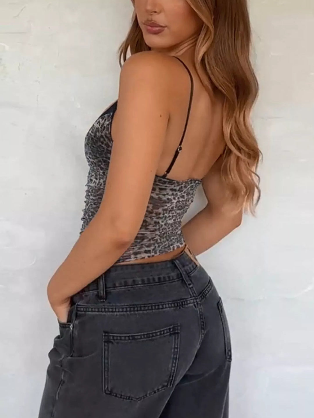 Sheer leopard print mesh cami with ruched sides