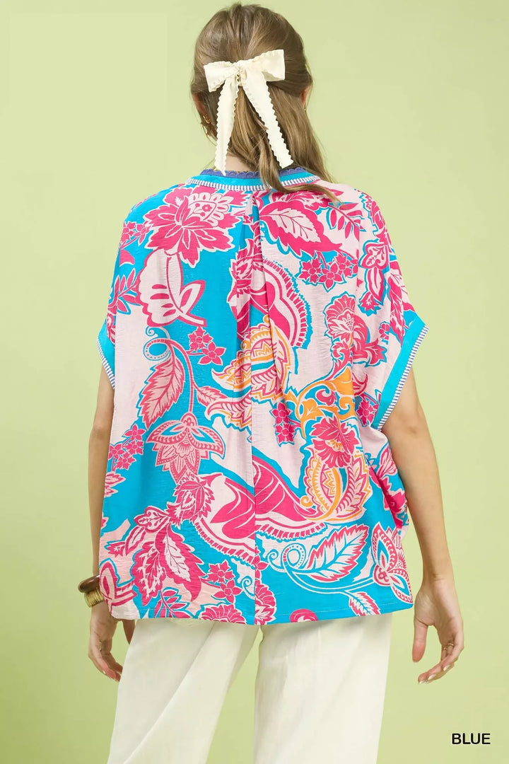 Abstract floral print oversized split-neck top