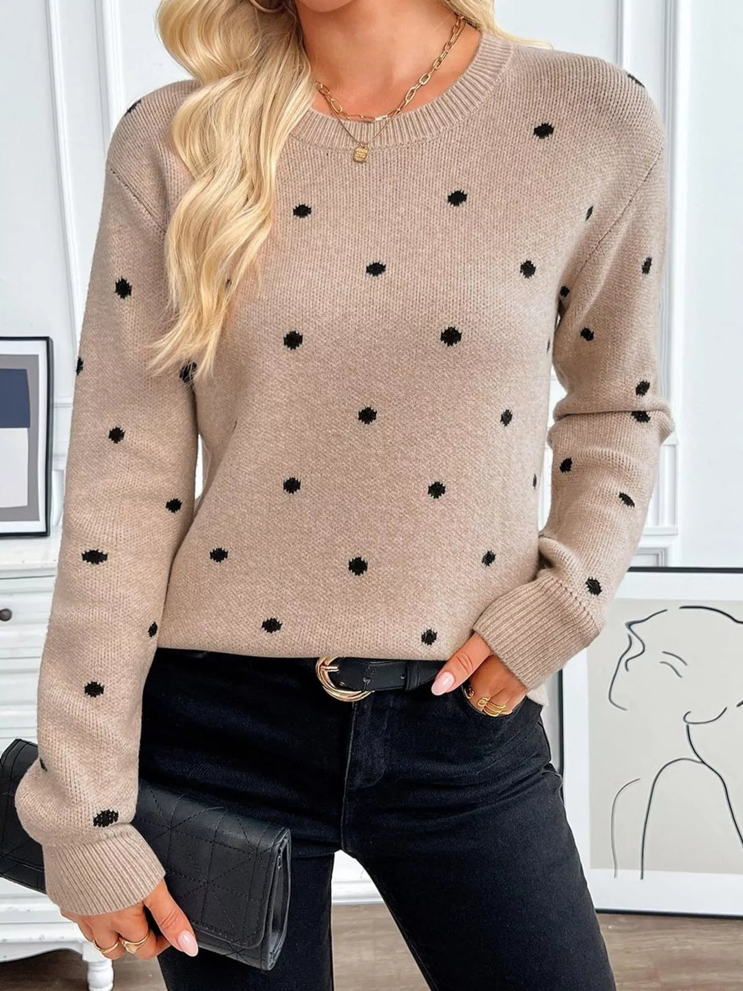 Polka dot knit crew neck pullover sweater