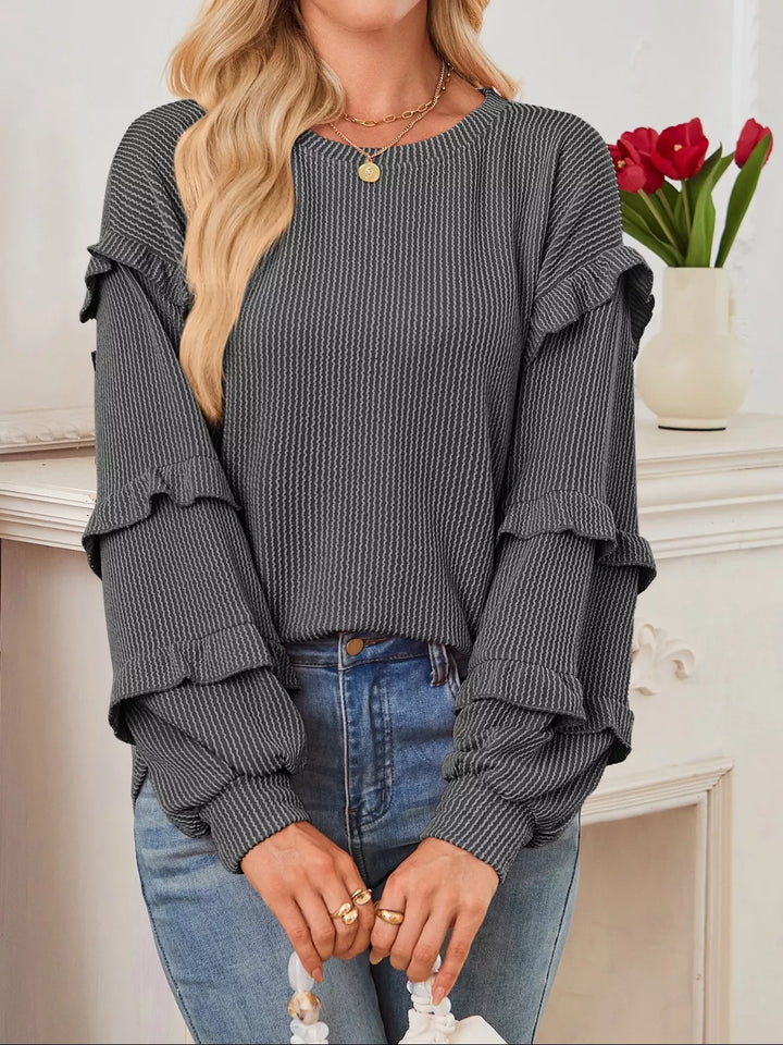 Dark Gray Ribbed knit top with ruffle-tiered long sleeves