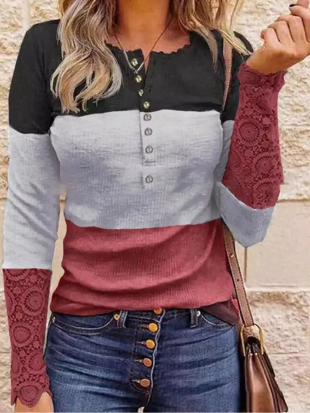 Red Color block henley top with lace-trim sleeves