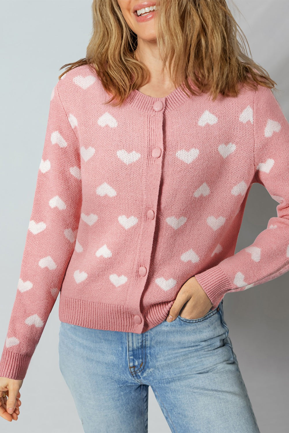 Heart pattern button-front knit cardigan sweater - Pink