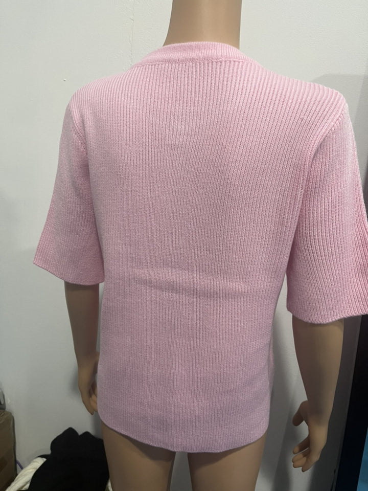 Ribbed knit short-sleeve button-down cardigan