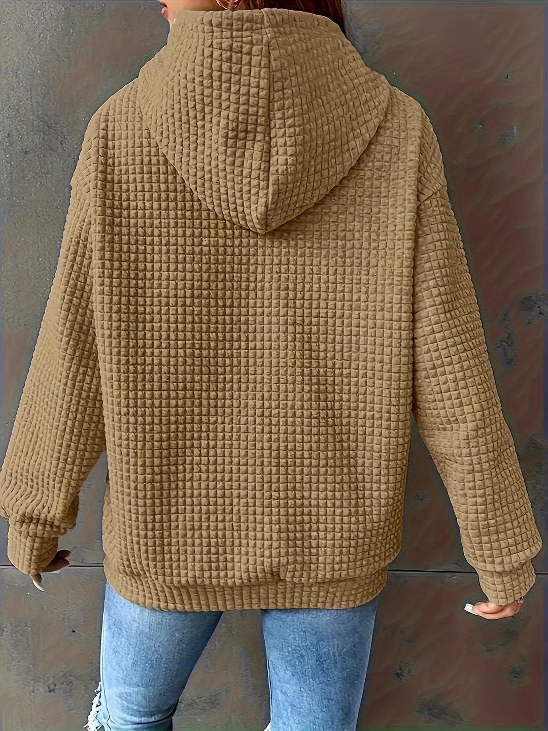 Textured waffle knit drawstring hoodie with kangaroo pocket