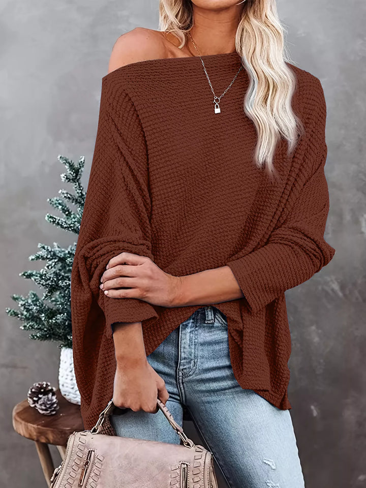 Oversized waffle-knit boat neck long sleeve top