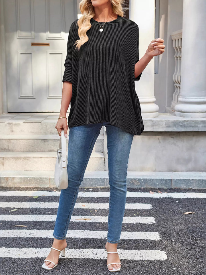 Ribbed knit dolman-sleeve relaxed crew neck top