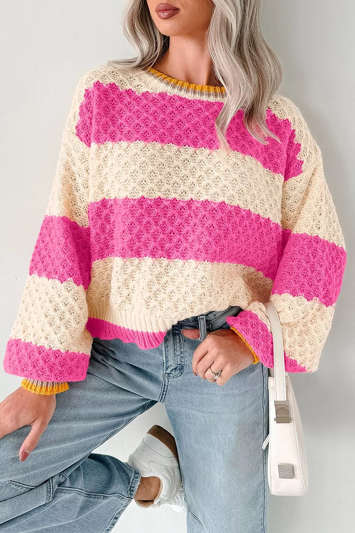 Hot Pink Textured knit colorblock stripe drop shoulder sweater