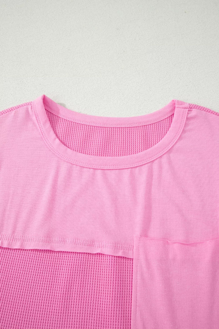 Waffle knit patchwork raw seam pocket tee