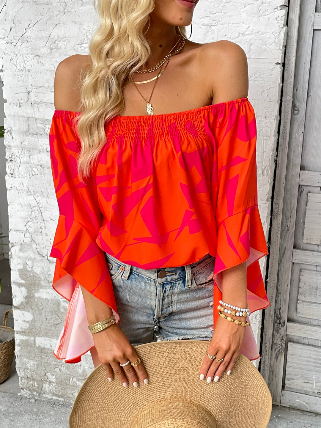 Geometric print off-shoulder bell sleeve blouse