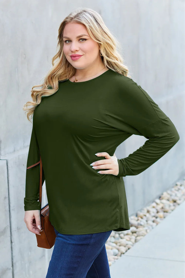 Dropped-shoulder round neck long sleeve knit top