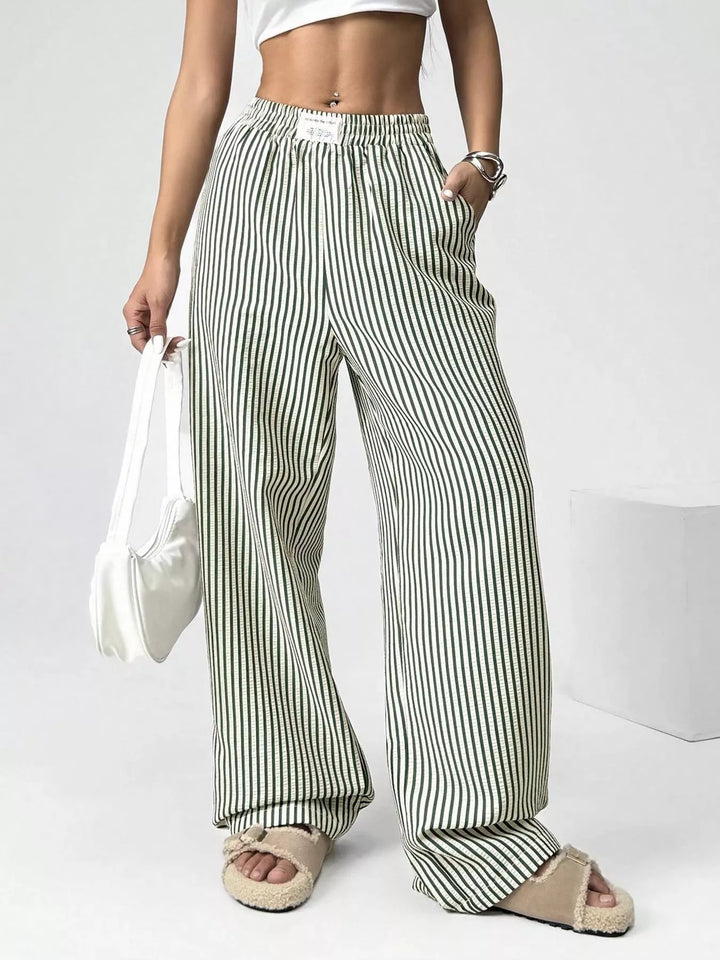 Green Striped high-waist wide-leg pants with drawstring