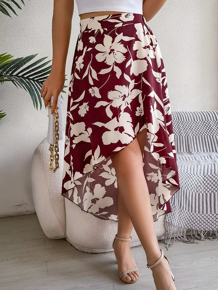 Floral print asymmetrical ruffle hem midi skirt