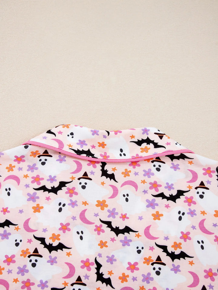 Ghost and bat print button-up pajama set with piped trim