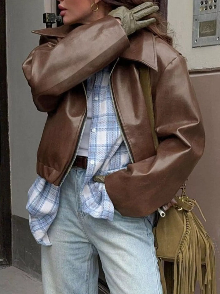 Oversized faux leather zip-up bomber jacket