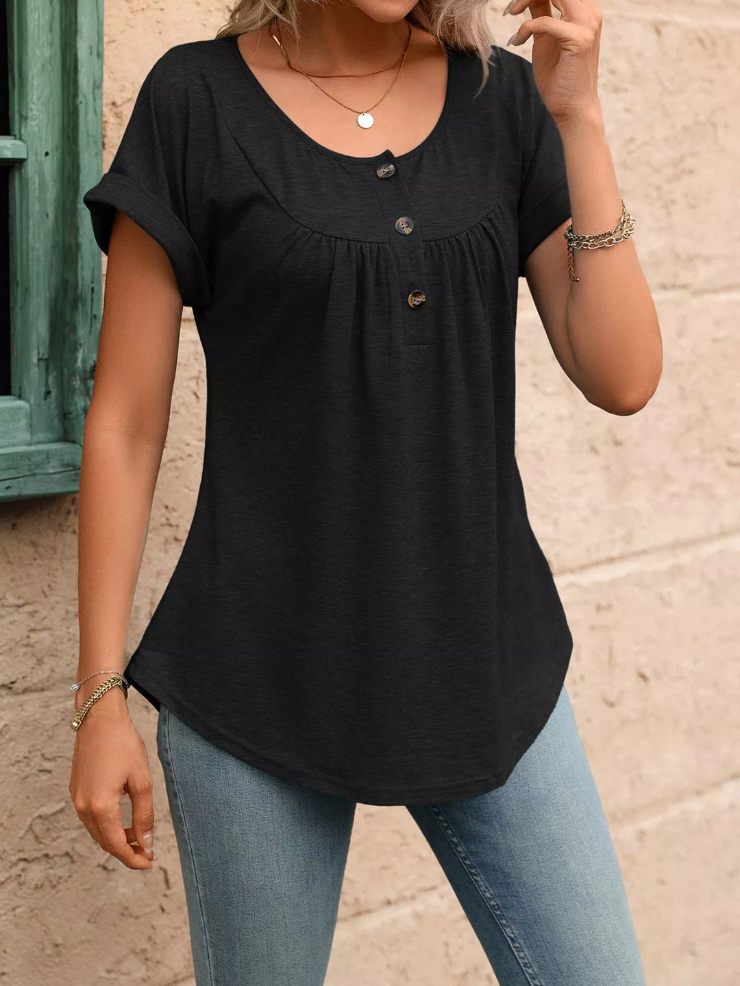 Ruched button-placket henley top with cap sleeves
