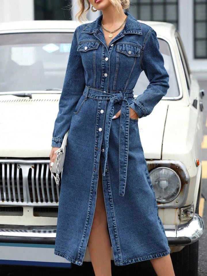 Blue Belted button-front midi denim shirt dress with pockets