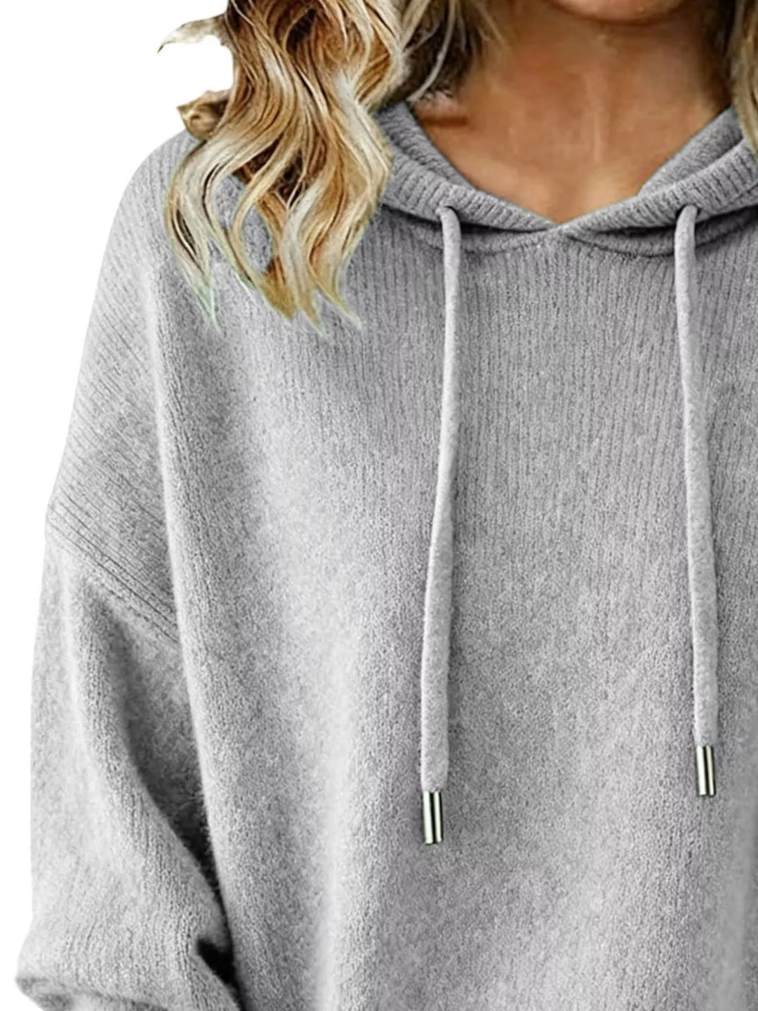 Drawstring hooded knit pullover sweater with ribbed cuffs