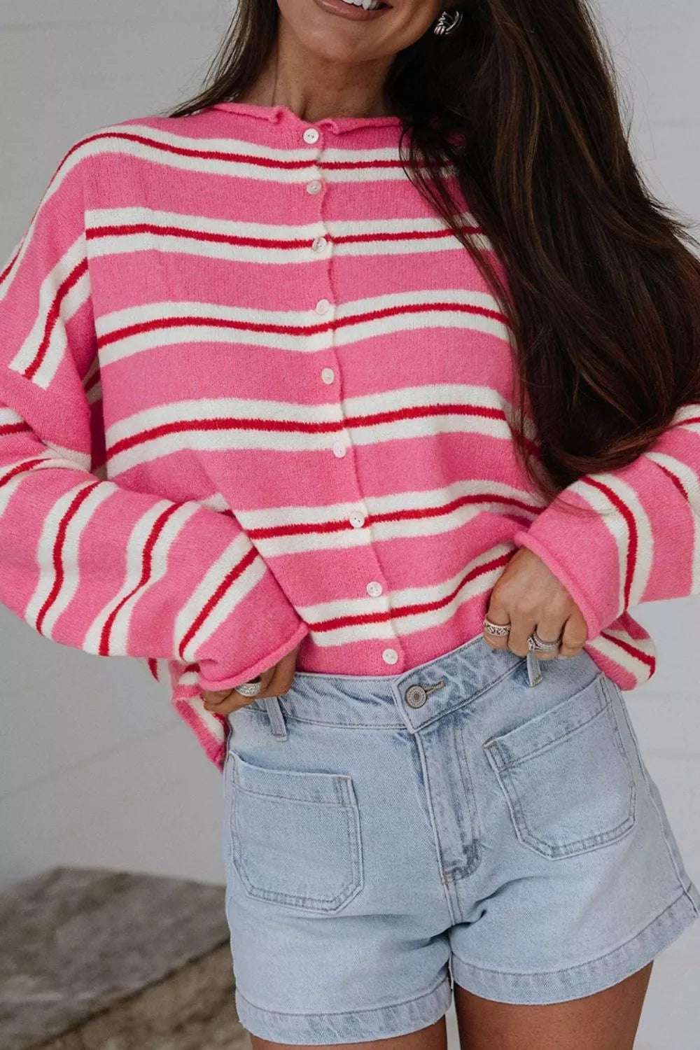Striped knit button-front cardigan with rolled crew neck