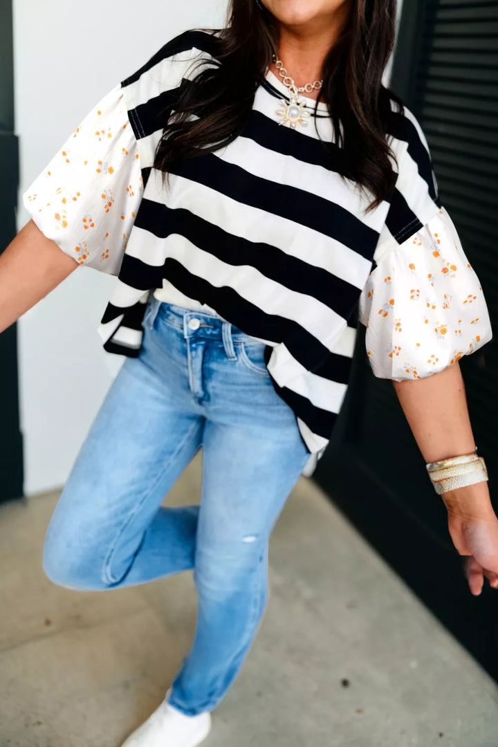 Black Striped puff sleeve blouse with floral print sleeves