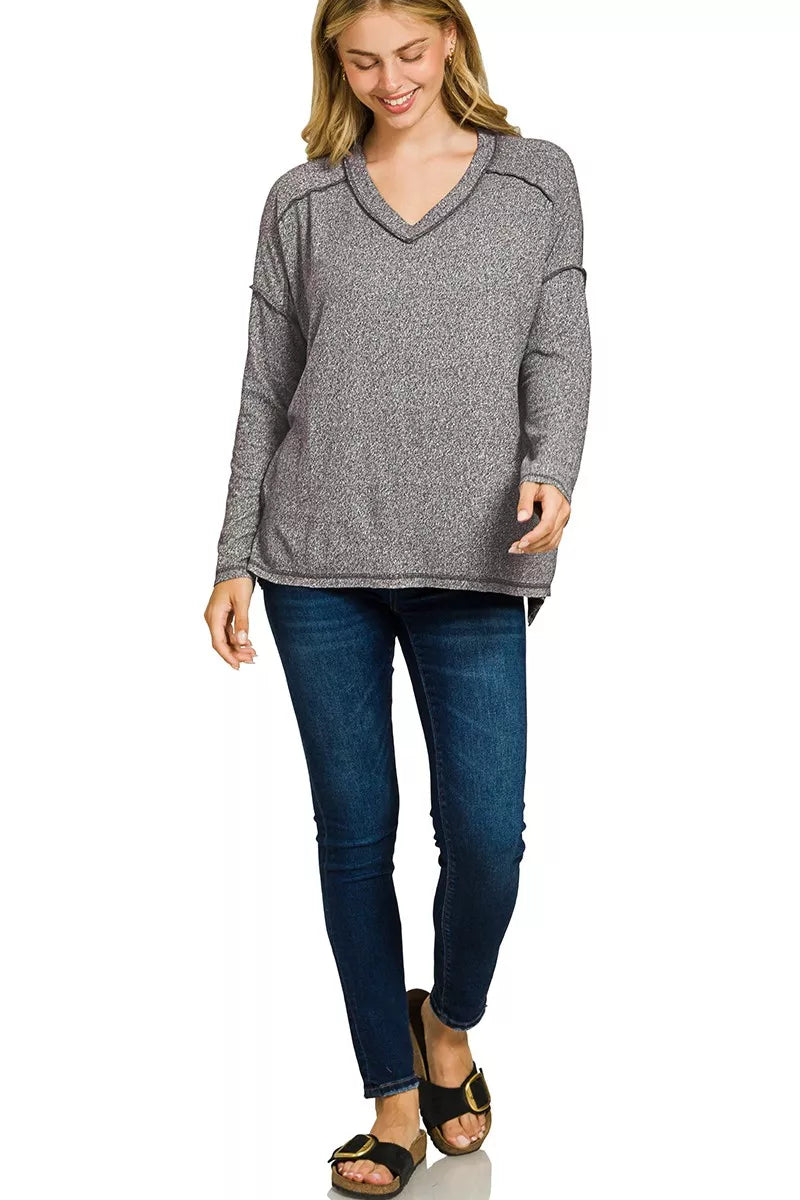 Exposed seam hi-low V-neck long sleeve tee