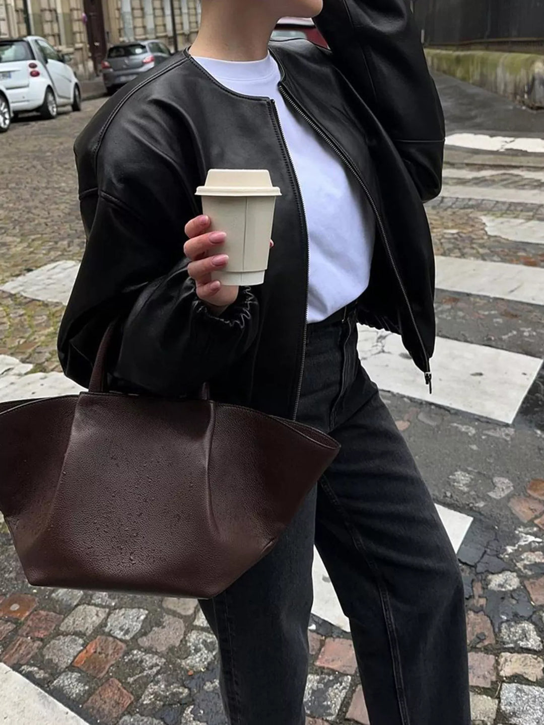 Cropped faux leather zip-up bomber jacket