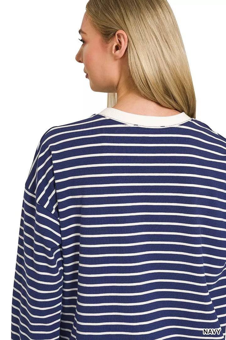 Striped crew neck sweatshirt with contrast ribbed trim