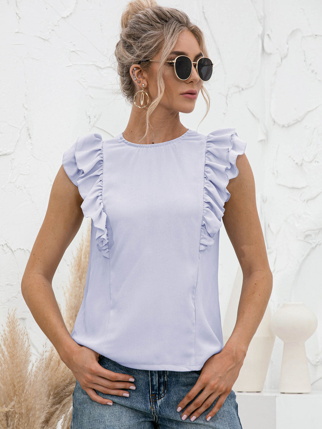 Light Blue Ruffle flutter sleeve top with tied open back