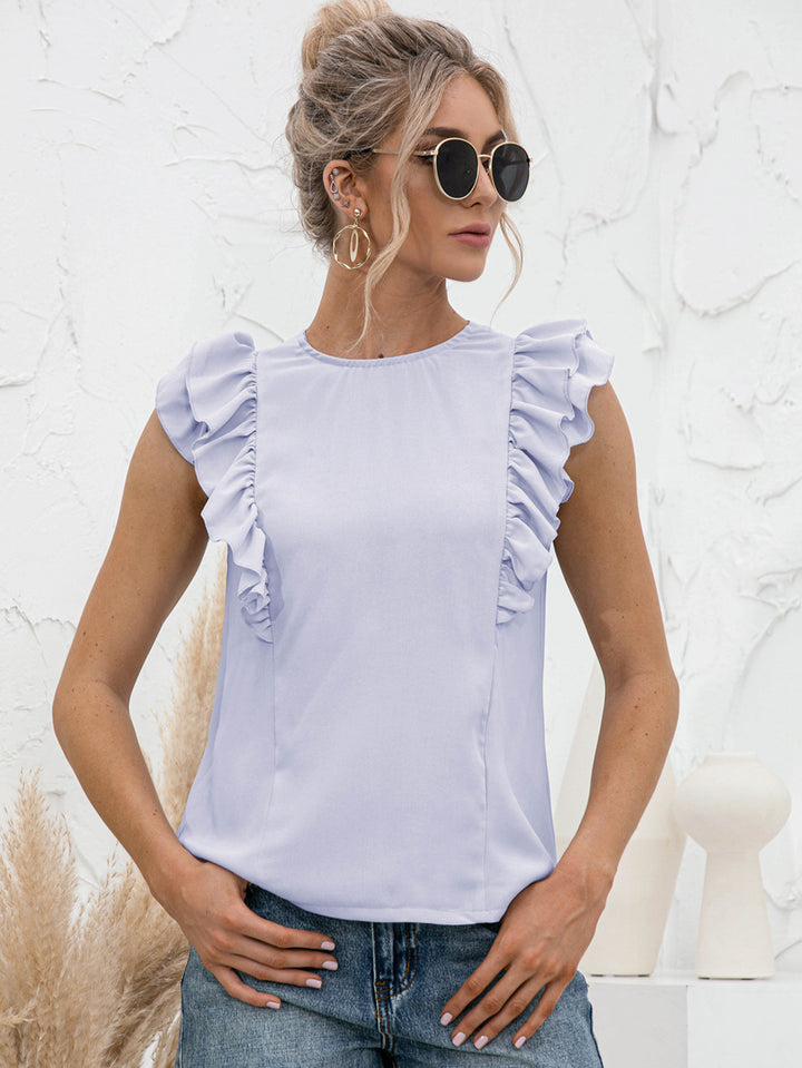 Light Blue Ruffle flutter sleeve top with tied open back