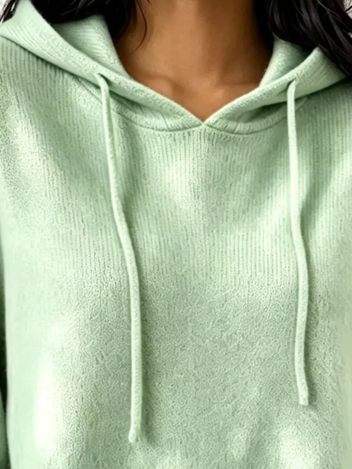 Drawstring hooded knit pullover sweater with ribbed trim