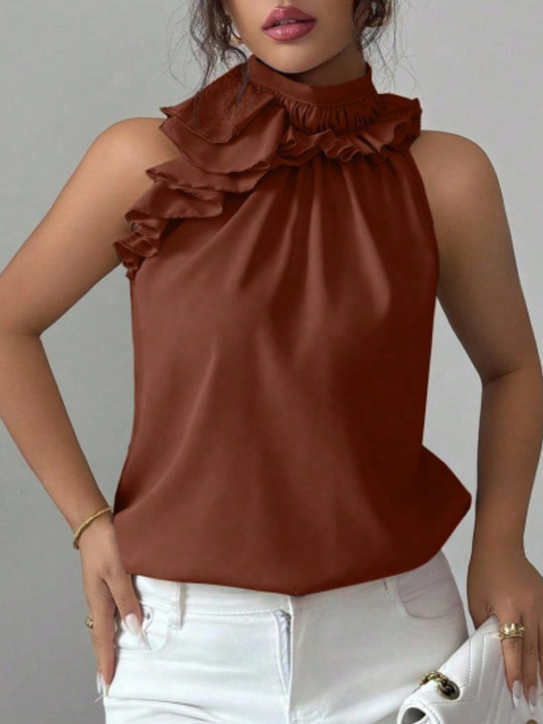 Flowy ruffle-trim high-neck sleeveless blouse