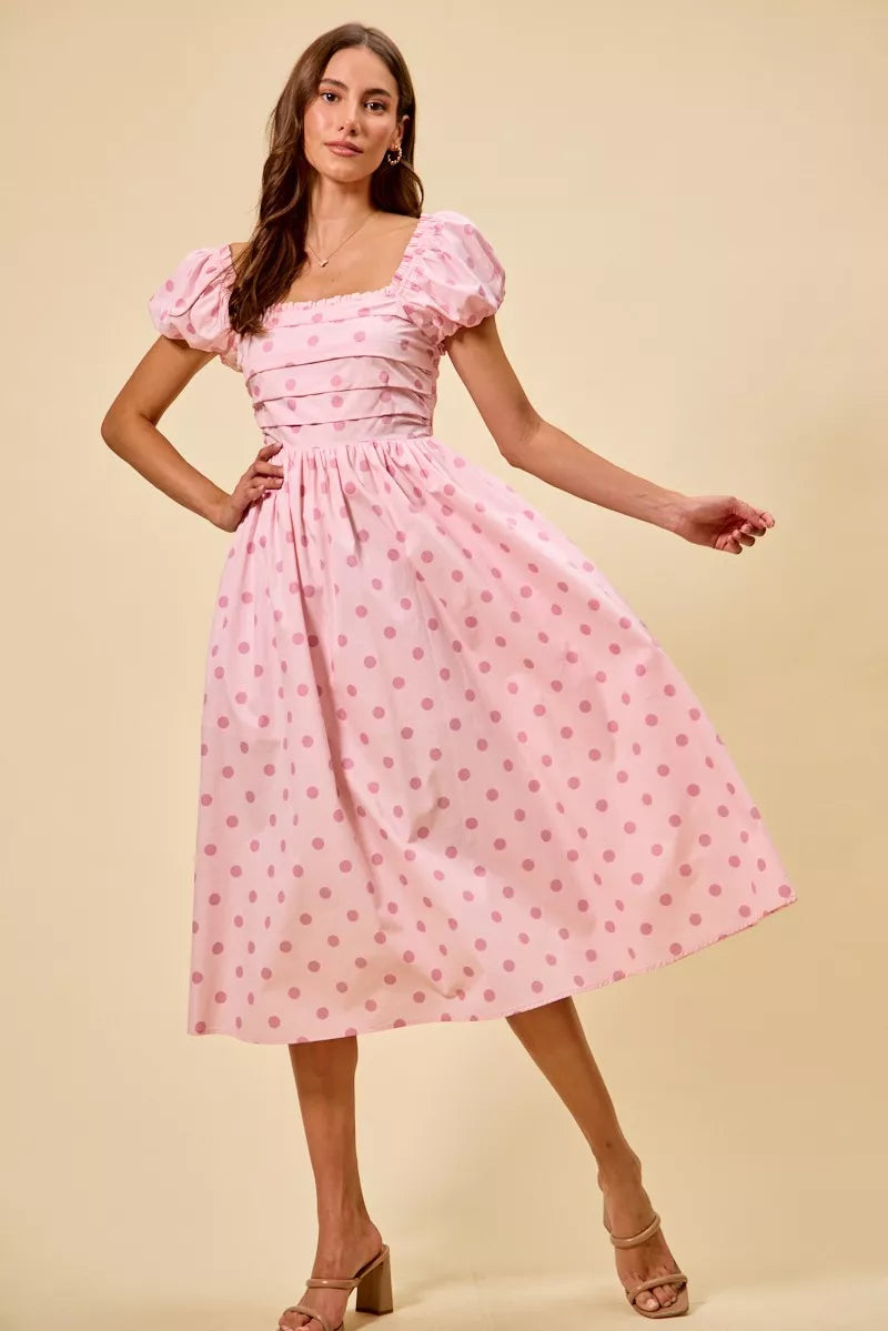 Polka dot puff sleeve midi dress with pleated bodice
