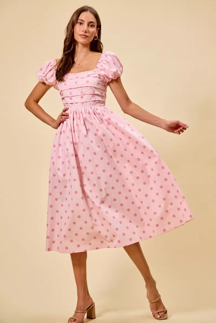 Polka dot puff sleeve midi dress with pleated bodice
