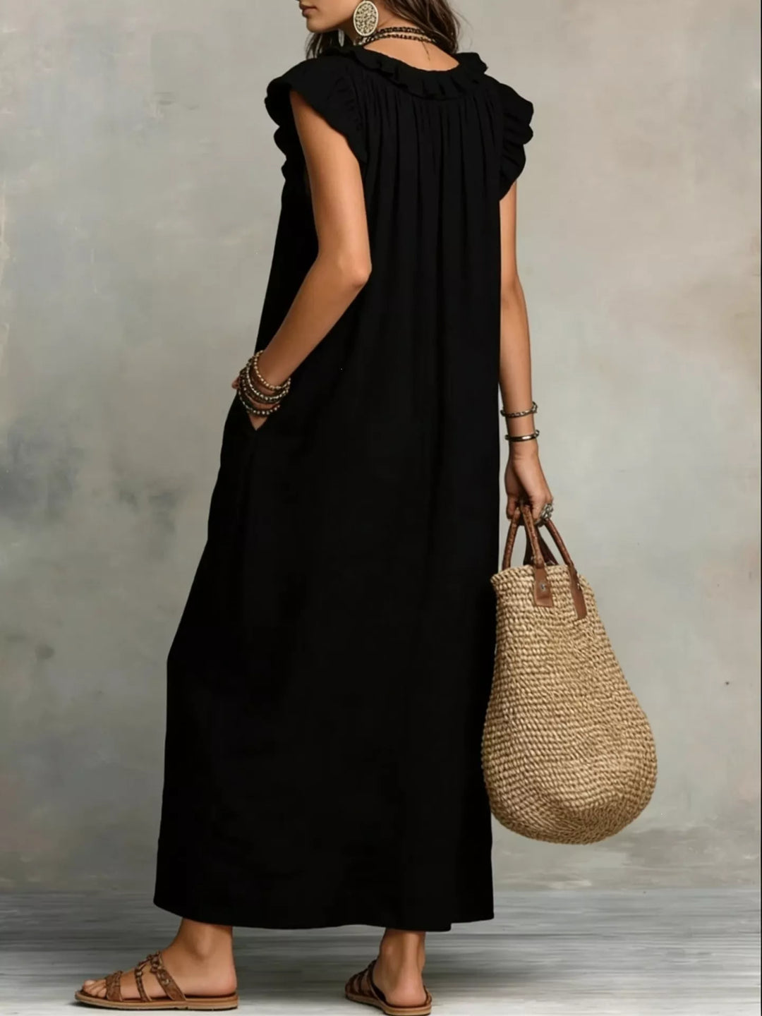 Ruffled v-neck cap sleeve maxi dress with side pockets