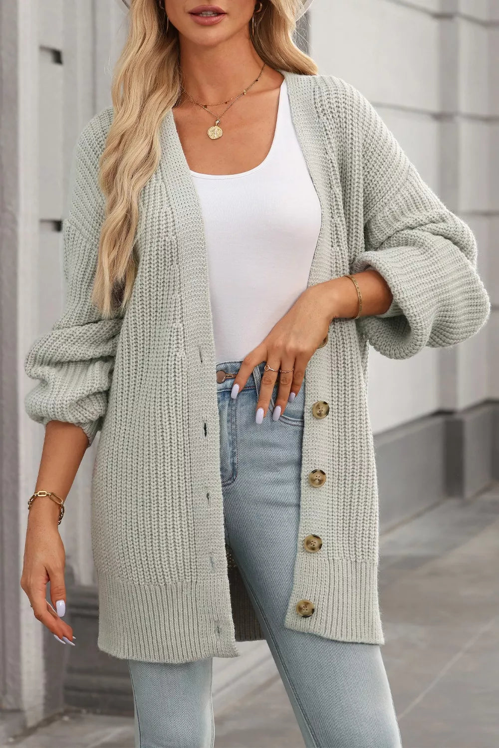 Light Gray Chunky ribbed knit button-down cardigan