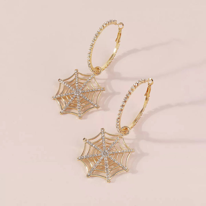 Rhinestone spider web dangle hoop earrings