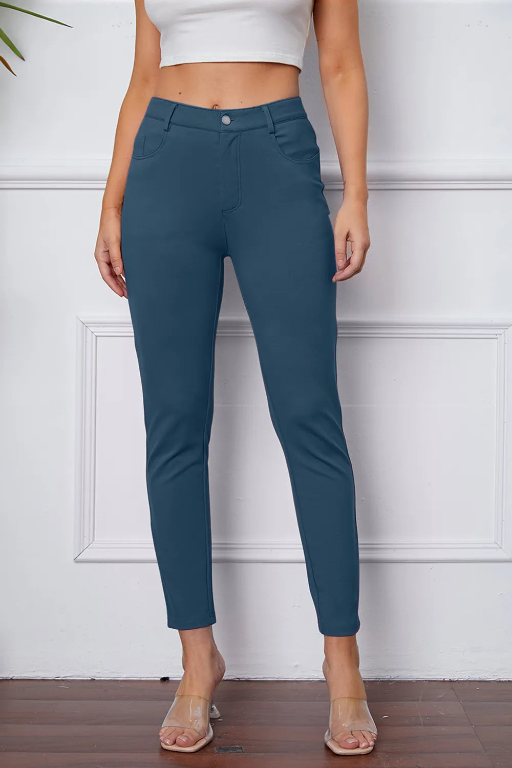 Dusty Blue Slim-fit stretch ankle pants with five-pocket styling