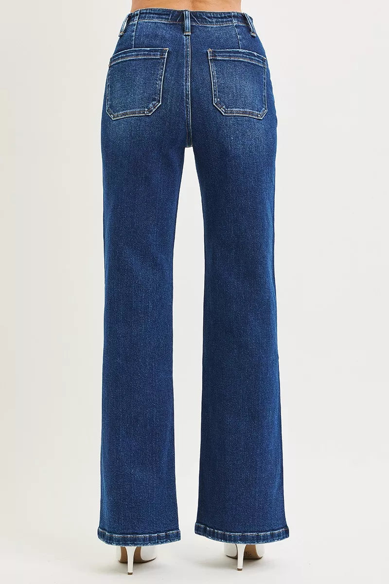 Lace-up front high rise wide leg jeans with patch pockets