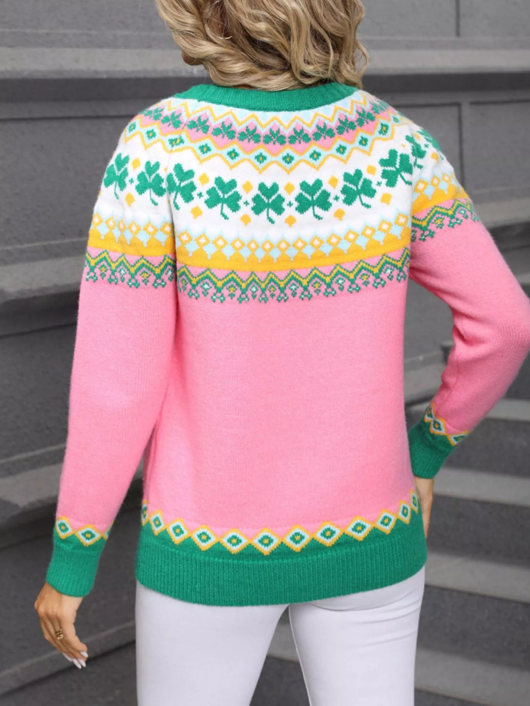 Clover pattern Fair Isle round neck knit sweater