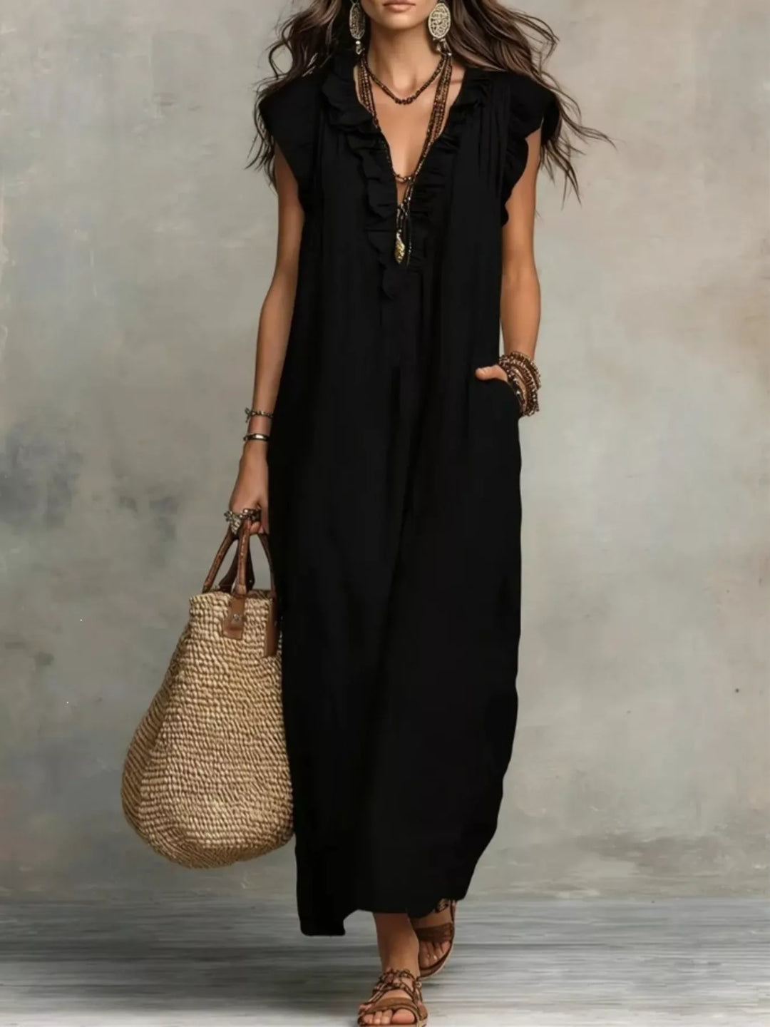 Black Ruffled v-neck cap sleeve maxi dress with side pockets