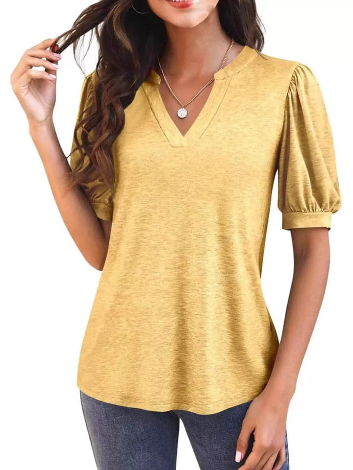 Yellow Short puff sleeve notched V-neck casual tee