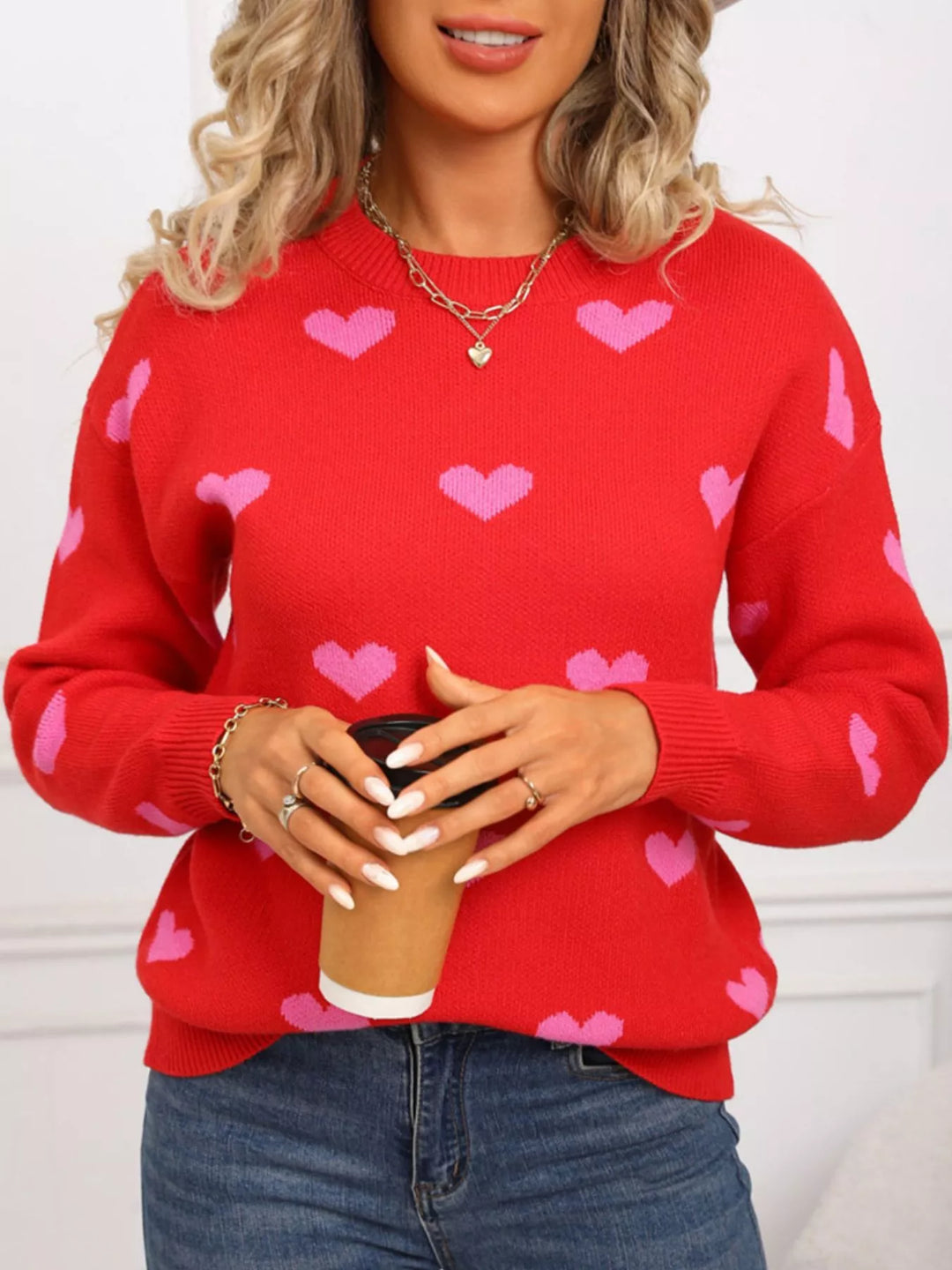 Heart pattern dropped shoulder crew neck sweater