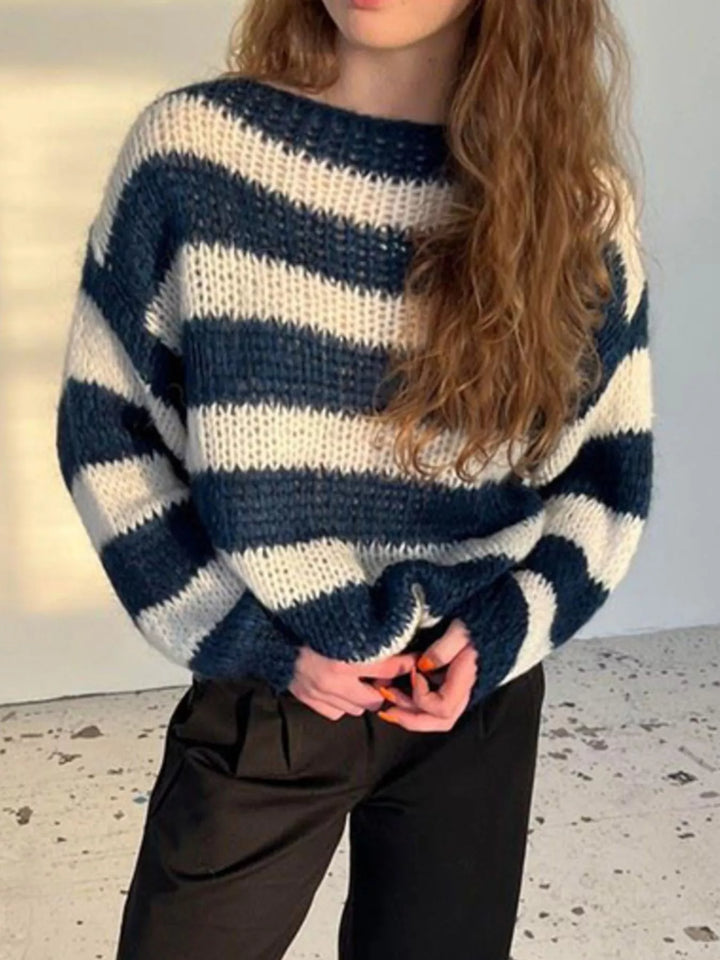 Striped open-knit crew neck sweater with balloon sleeves