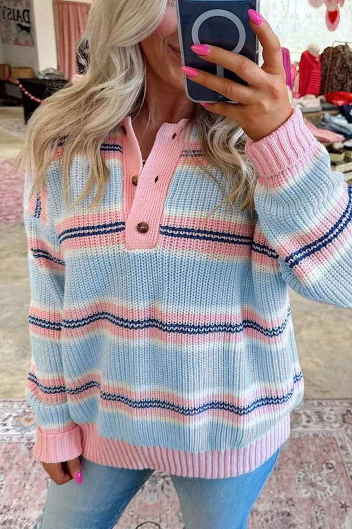 Striped ribbed knit button-collar pullover sweater
