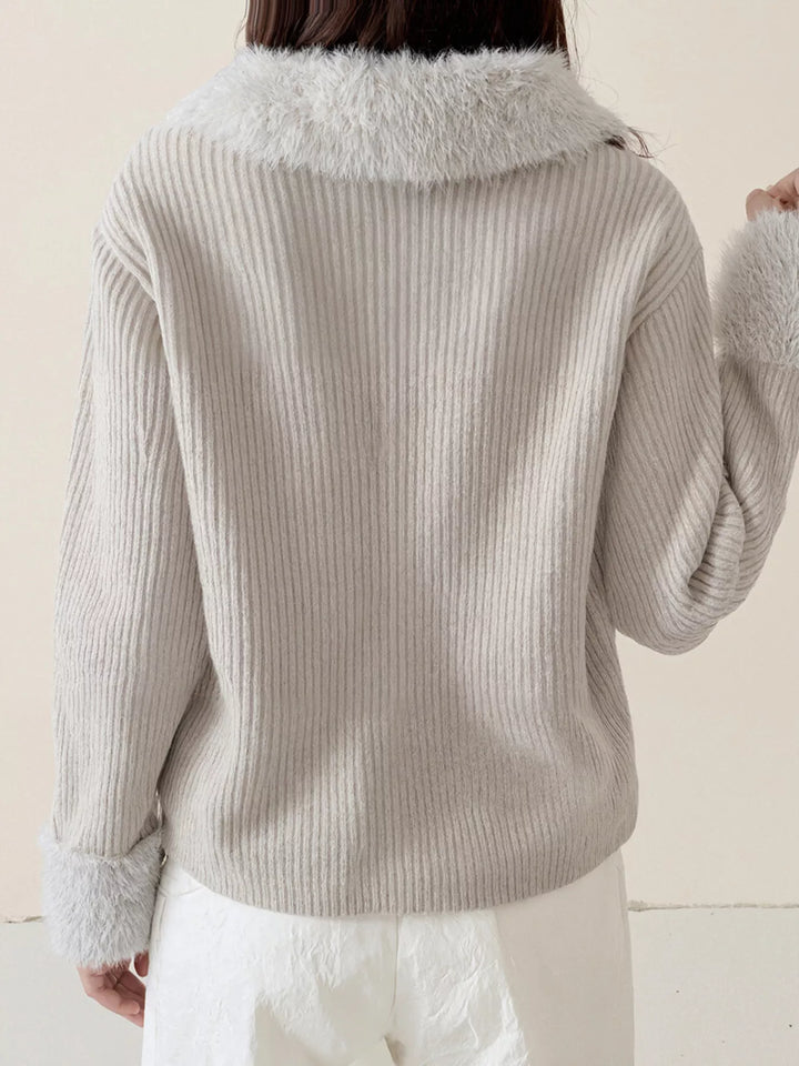 Ribbed knit zip-up cardigan with fluffy faux fur trim